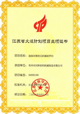 Jiangsu Province Torch Program project certificate (super high precision without mechanical Boluo La)